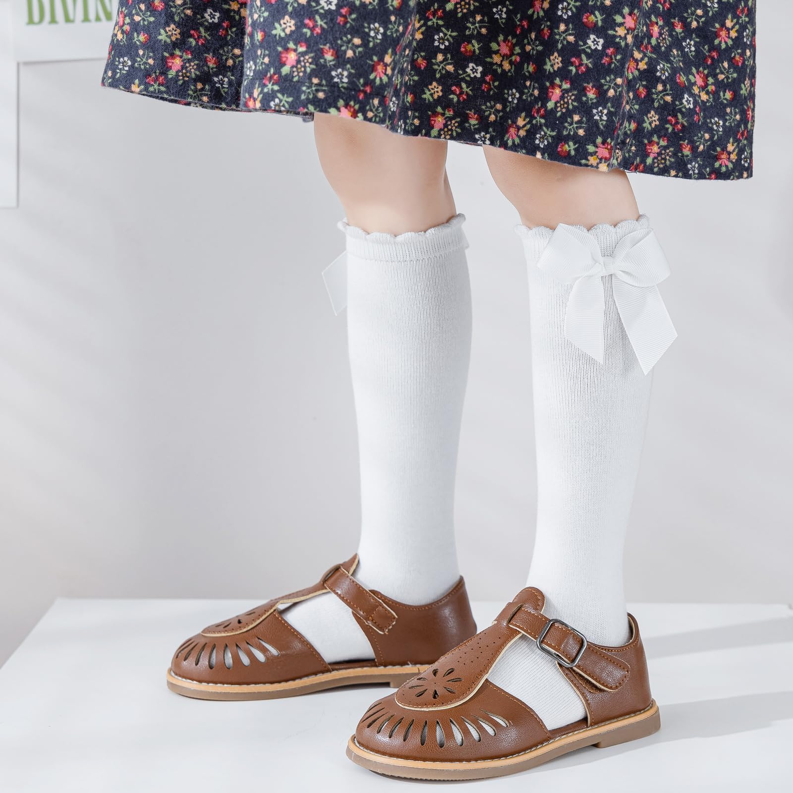 Baby Kniestrümpfe – Kleinkind lange Baumwollstrümpfe mit Schleife Rüschen für Mädchen – Säuglingskleid-Socken