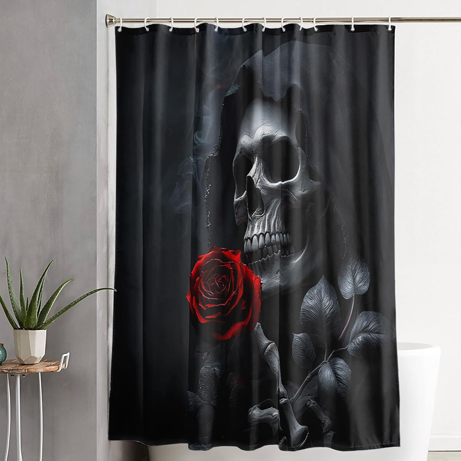 AILONEN Death Skull Shower Curtain Set for Teen Boys Men,Ghost Skeleton Bones Curtains,Horror Theme Waterproof Bath Curtain with Hooks,36" Wx72 H