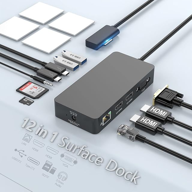 12 in 1 Surface Dock, Surface Pro Docking Station with 4K Display(2*HDMI +VGA), RJ45, USB, USB-C, Audio Adapter for Surface Pro 8/X/7/6/5/4/3, Surface Laptop 4/3/2/1, Surface Laptop go, Surface Book