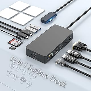 12 in 1 Microsoft Surface Dock, Triple Display Surface pro Docking Station (2*HDMI +VGA), Surface pro 8 Docking Station for Surface Pro 9/8/X/7/6/4/3, Surface Laptop go/4/3/2/1, Surface Book 3/2/1