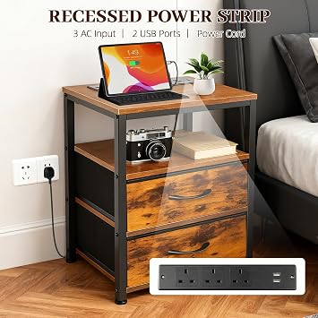 Bedside Table with Charging Station and LED Light, Nightstand with 2 Storage Drawers and Open Compartment, Bedside Cabinet for Bedroom or Living Room, Rustic Brown