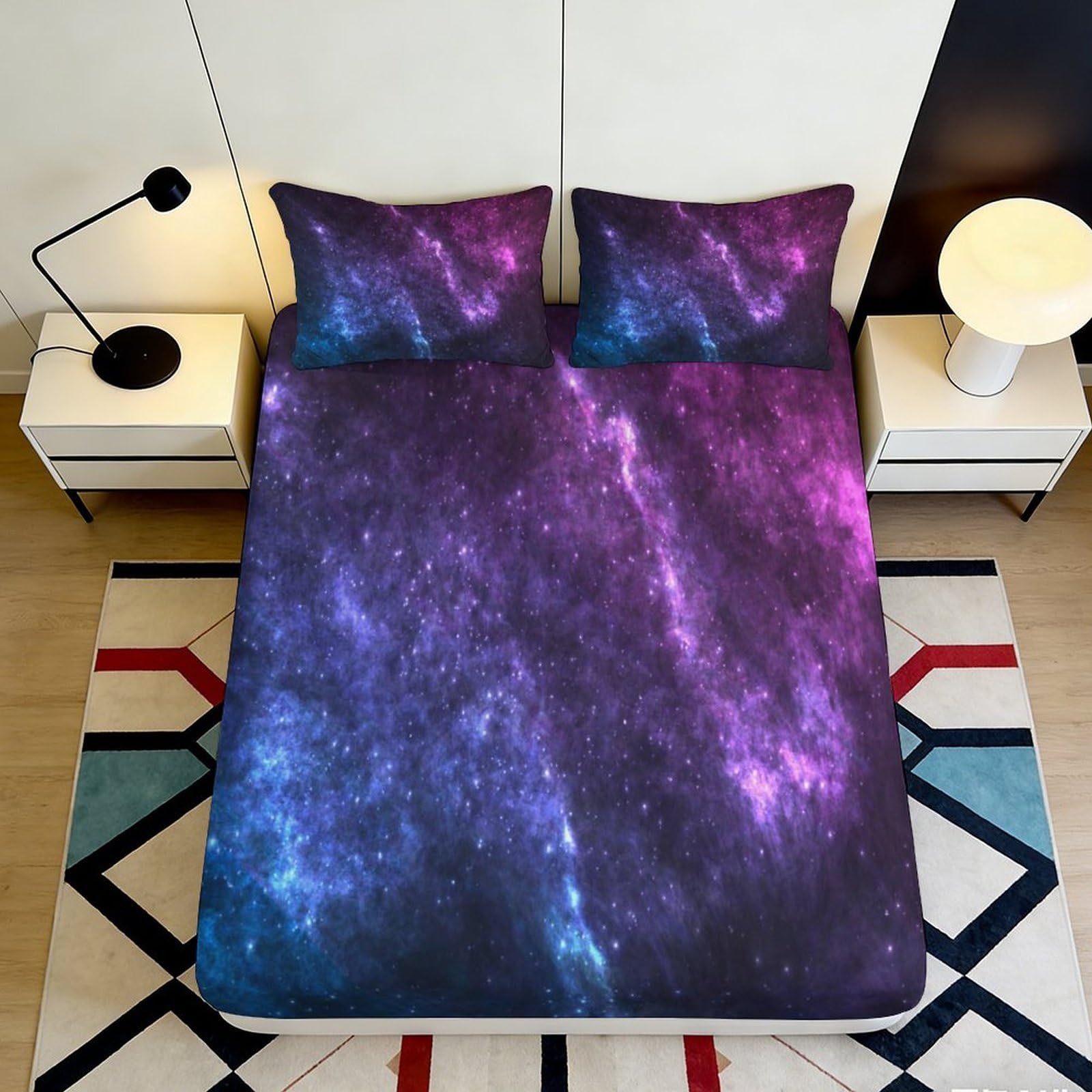 3D Printed Galaxy Starry Sky Fitted Sheet Microfiber Purple Blue Cosmic Nebula Mattress Cover Bedroom Dorm Decor 140x200x25cm