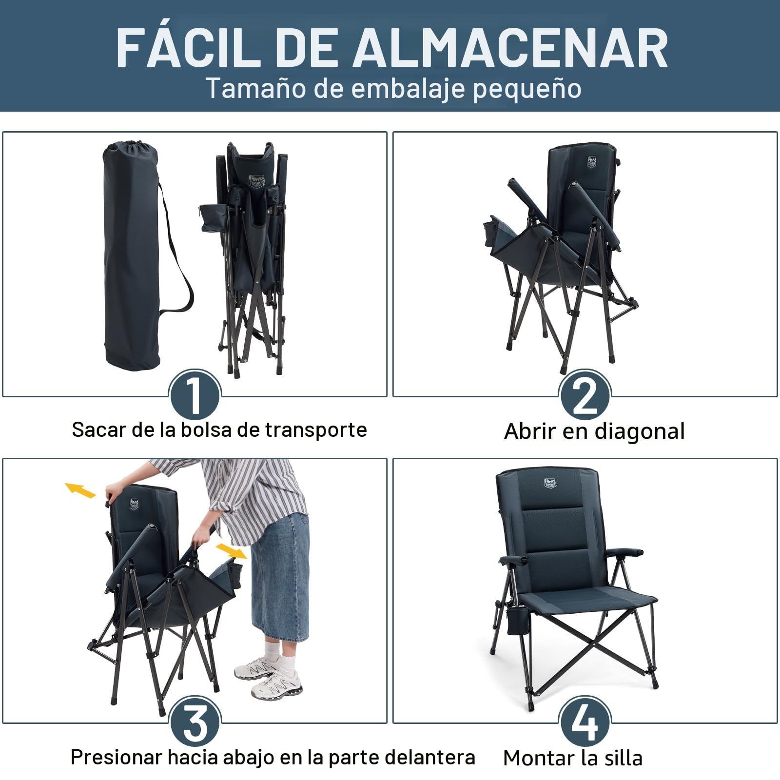 TIMBER RIDGE Silla de Camping Plegable Respaldo Alto XXL Asiento Ancho 55 cm Acolchada Capacidad de Carga de 150kg con Bolsillo Lateral para Camping Jardín Balcón