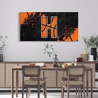 Basketball Canvas Pictures Custom Monogrammed H Large Canvas Wall Art Chic Gaming Balls Picture Prints 3D Printed Basketball Theme Paintings Pictures Wall Decor For Bedroom Home 48''X 24''