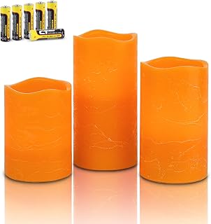 Rhytsing Orange Flameless Pillar Candles with Timer Function for Fall and Halloween, Battery Operated Led Candles Rustic Real Wax Finish, Warm White Light, 6 Batteries Included - Set of 3