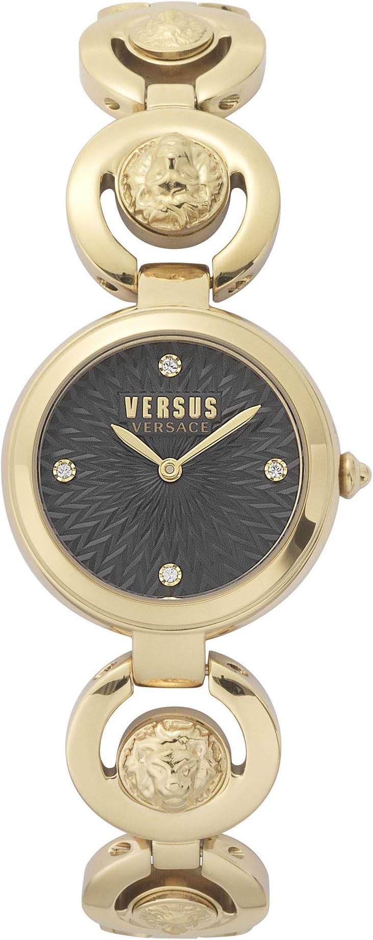 Versus Versace Peking Road Petite Collection Luxury Womens Watch Timepieces with a Gold Bracelet and Case Featuring a Black Dial