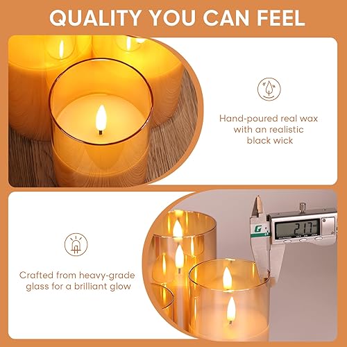 Miniatura 5 de Eywamage Juego de 3 velas LED de cristal dorado sin llama con control remoto, parpadeantes que funcionan con pilas