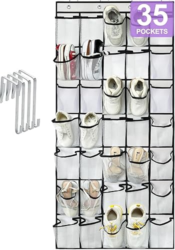 Miniatura 9 de Organizador de zapatos de 35 bolsillos grandes sobre la puerta, estante de zapatos colgante de tela Oxford extra resistente para armario de puerta,