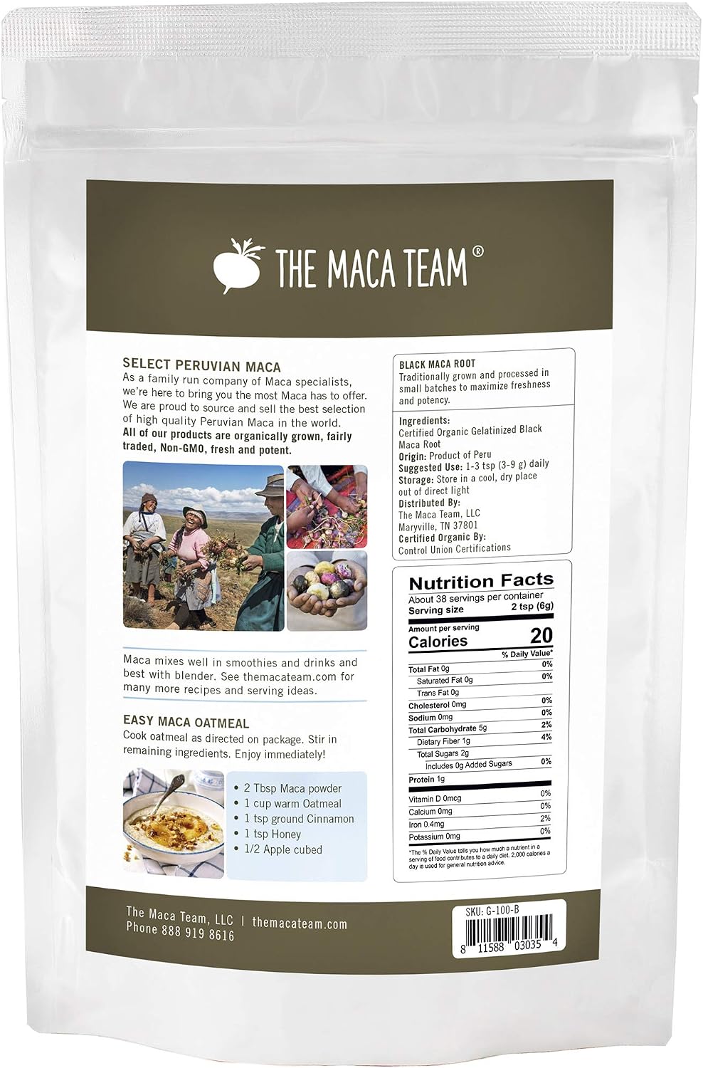 The Maca Team Gelatinized Black Maca Powder, Fair Trade, Vegan, GMO-Free, Premium Maca, 8 Ounces, 25 Servings
