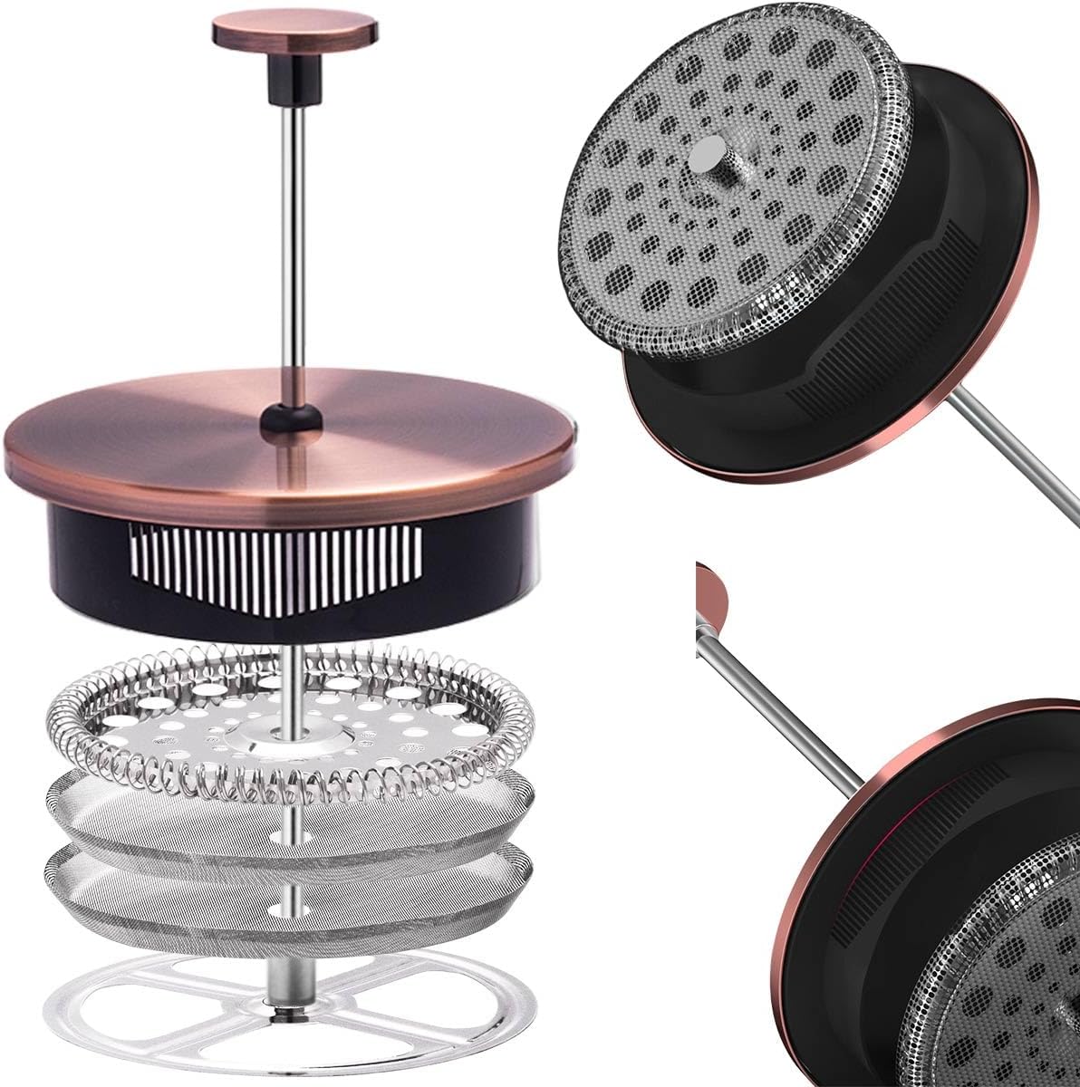 French Press Coffee Maker 8 cups 34 oz 304 Stainless Steel Coffee Press with 4 Filter Screens, Easy Clean Heat Resistant Borosilicate Glass - Free 100% BPA… (Copper-NRA1-S, 34oz)