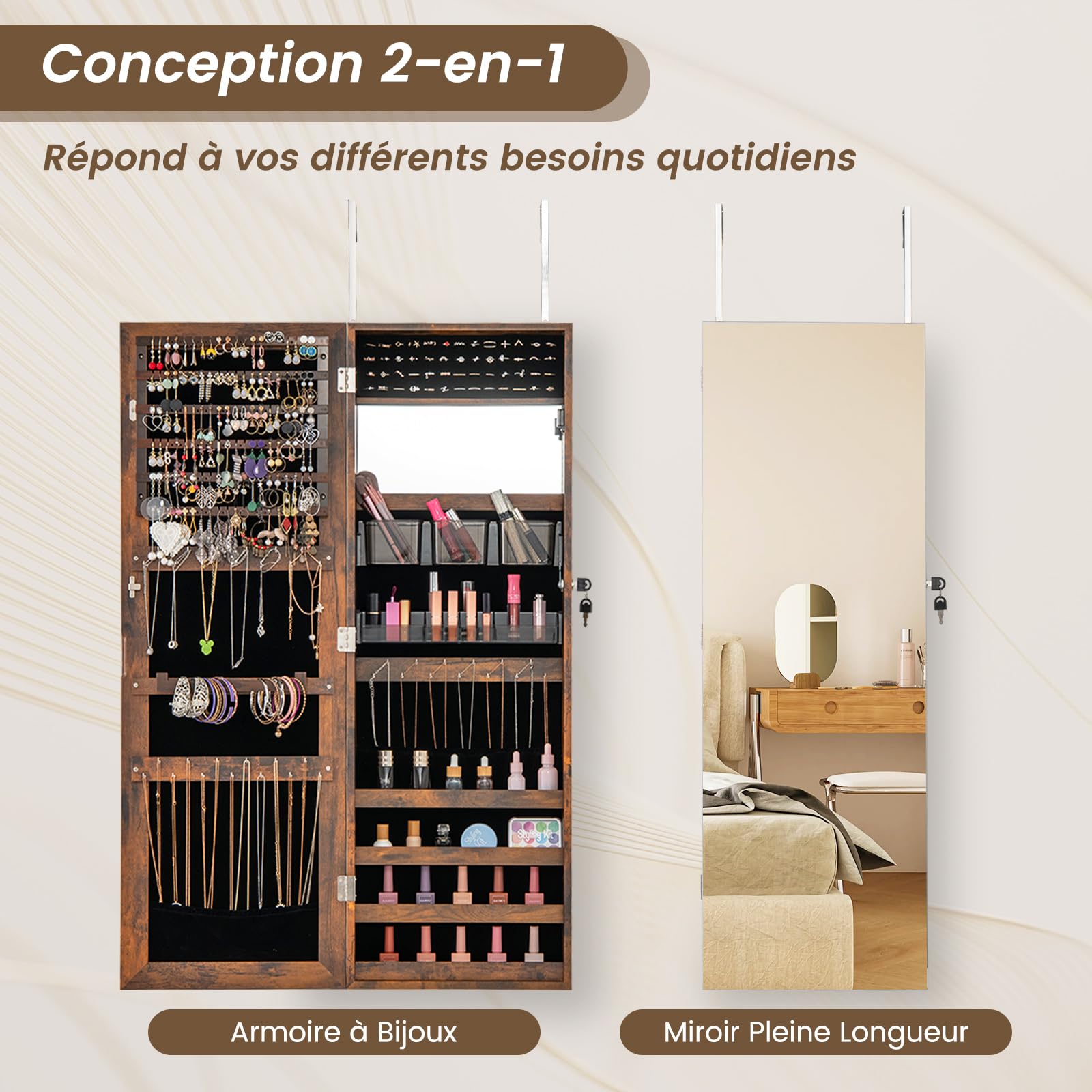 COSTWAY Armoire à Bijoux, Armoire à Bijoux Murale/de Porte avec Miroir Pleine Longueur et Miroir de Maquillage Intérieur, Cintres Réglables, Verrou, Doublure Douce, pour Chambre (Marron Rustique)
