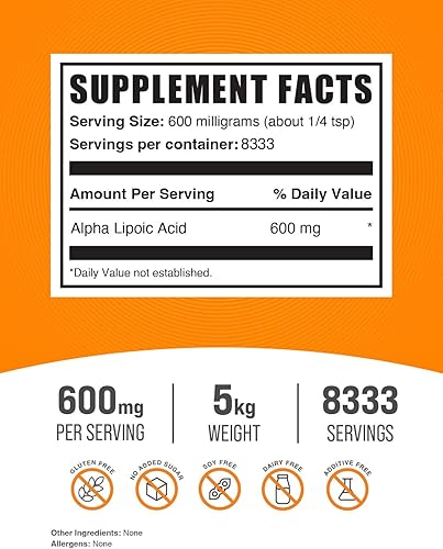 Miniatura 9 de BULKSUPPLEMENTS.COM Polvo de ácido alfa lipoico - Suplemento ALA para antioxidantes y apoyo nervioso - Sin gluten y sin relleno en polvo - 600 mg