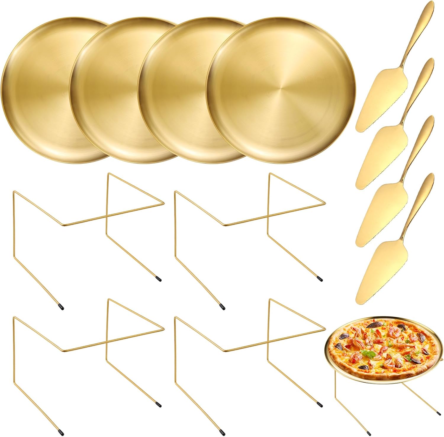 GRETJOB 12 Pcs Pizza Pan Riser Stand Set, 4 Metal Pizza Table Stands + 4 Nonstick Pizza Pans + 4 Pie Servers, Gold Pizza Rack & Tray for Baking, Dessert, Cheese, Party, and Restaurant Use (Gold)