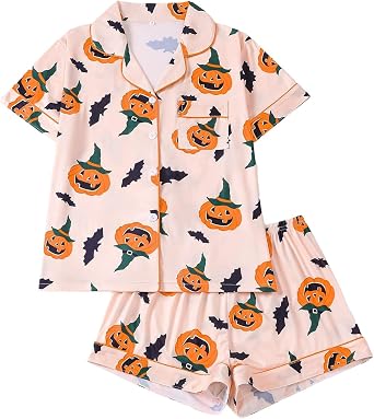 Halloween Pajamas Women 2026 Cute Satin Ghost Pumpkin Print Short Sleeve Button Top and Shorts Matching Sleepwear