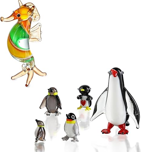 HDCRYSTALGIFTS Blown Glass Seahorse and Penguin Figurines for Home Decor