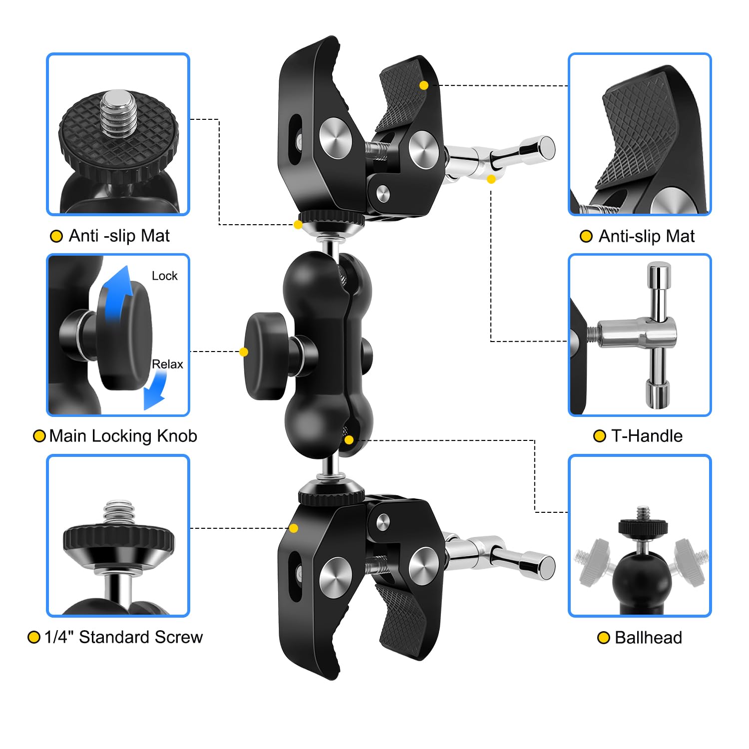 Double Super Pince avec Bras Magique ,1/4” pour Caméra, Support Lumière, Réflecteur, Support Parapluie, Convient aux Poteaux 0.47”-2.17”, Moto, Bureau, Trépied, Studio(Max Load 6.61LB)