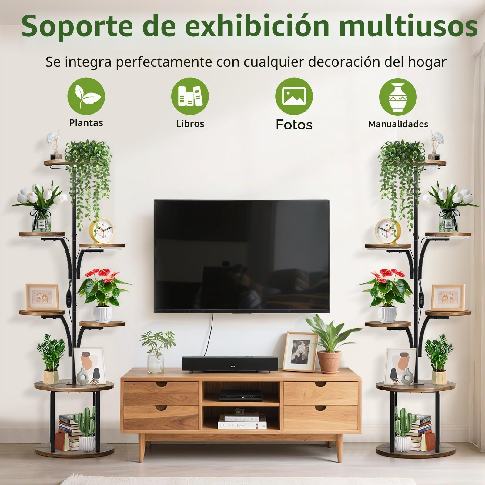 Estantería para Plantas con Luz de Crecimiento, Soporte para Plantas Interior 7 Niveles Diseño de Árbol, Estantería Plantas de Metal y Madera con Temporizador 3/9/12h y Brillo Ajustable