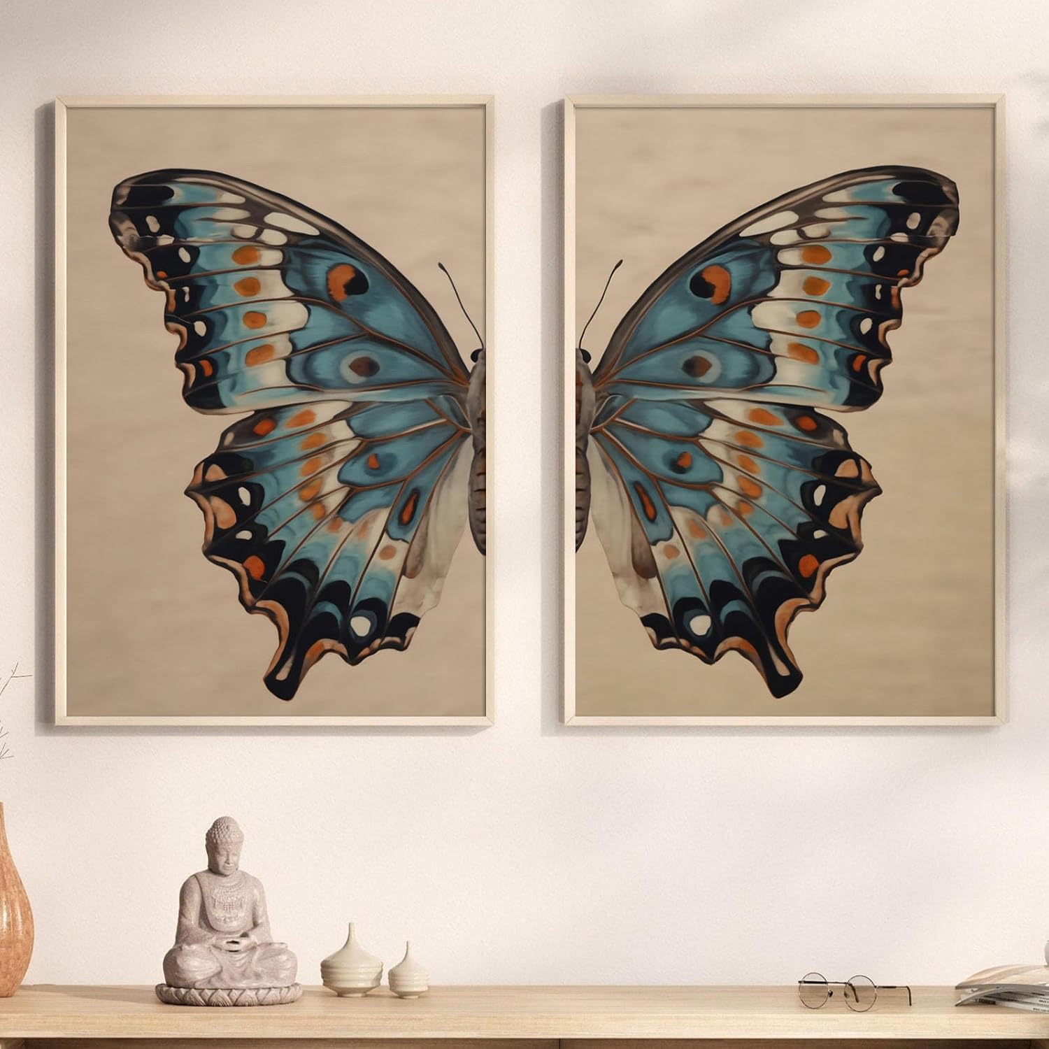 Vintage Butterfly Canvas Wall Art - Blue Painting, Moody Print, Insect Art, Boho Picture, Moth Poster for Bedroom Decor 16x24inch No Frame