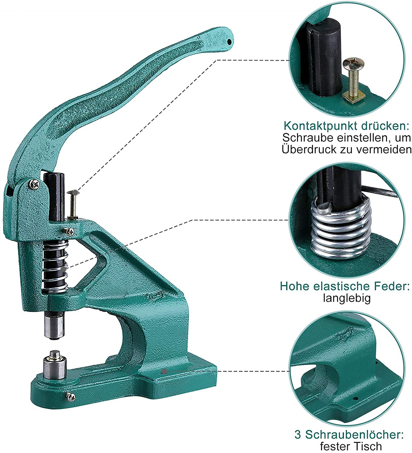 Pinze per Rivetti Professionali con Impugnatura Ergonomica, Set con 3 Matrici 6/10/12 mm, 1500 Pezzi Inclusi, per Pelle e Tende