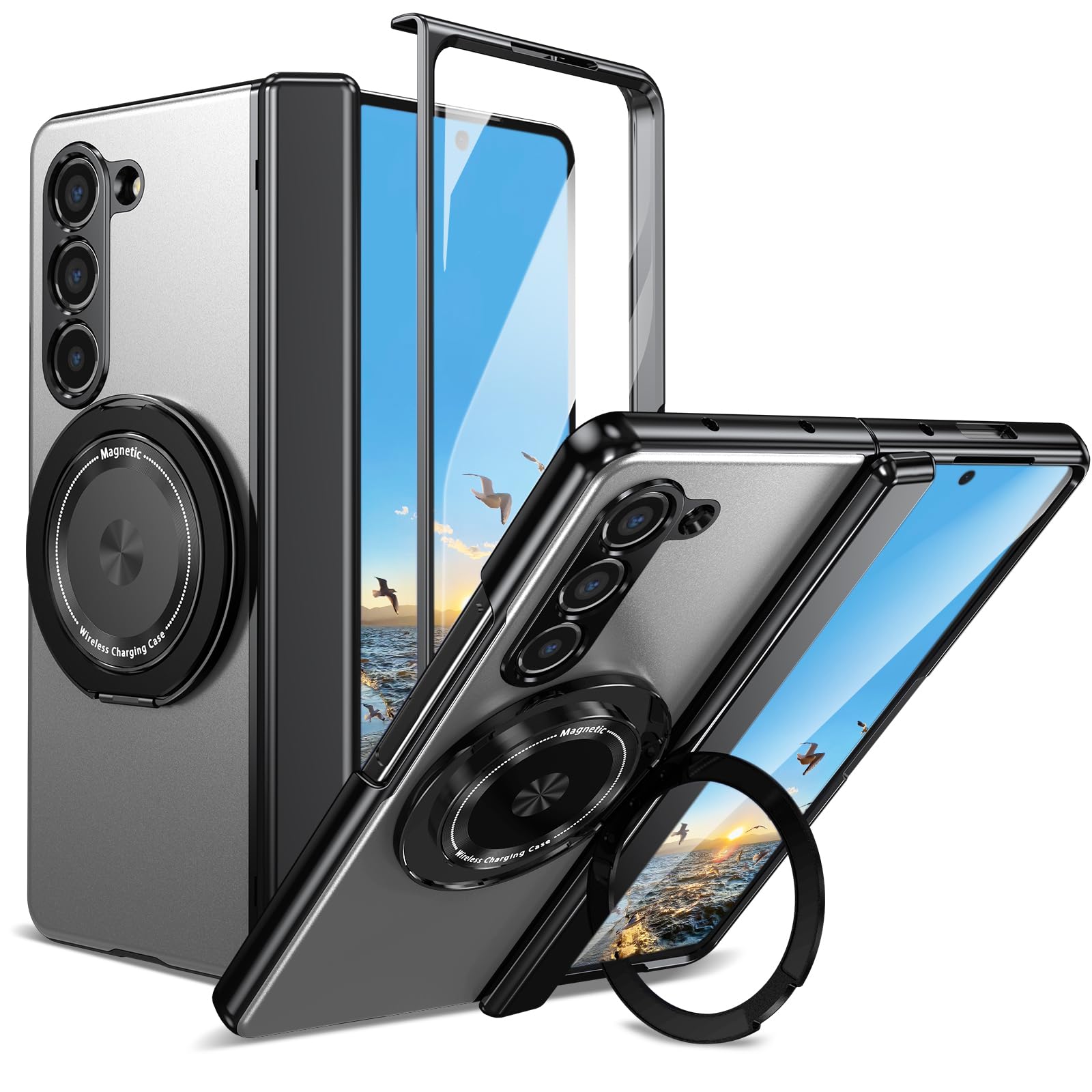Custodia per Samsung Galaxy Z Fold 5 con protezione per cerniera e pellicola proteggi schermo e cavalletto ad anello in metallo, resistente, di grado militare, resistente alle cadute, per