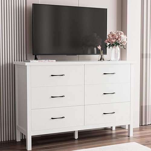 Miniatura 6 de LYNSOM Cómoda blanca para dormitorio, cómoda de 6 cajones con asas de metal, cómoda de madera moderna para sala de estar, entrada y pasillo
