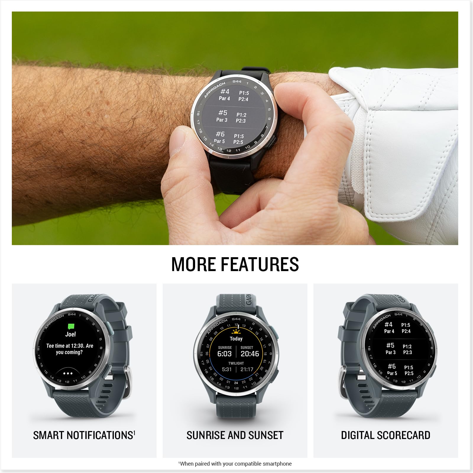 Garmin Approach® S44, Essential Golf GPS Smartwatch, Pantalla AMOLED, características en el Campo, Bisel de Aluminio Plateado con Banda de Silicona crepúsculo