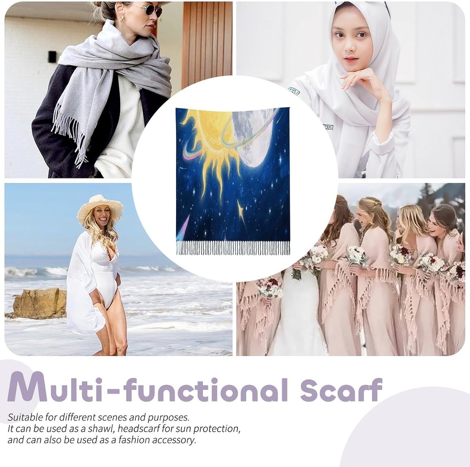Moon Sun Scarf for Women Men Classic Fashion Blanket Scarves Soft Cashmere Feel Scarf Cold Weather Warm Long Shawl Winter Large Scarves Classic Blanket Scarfs Thick