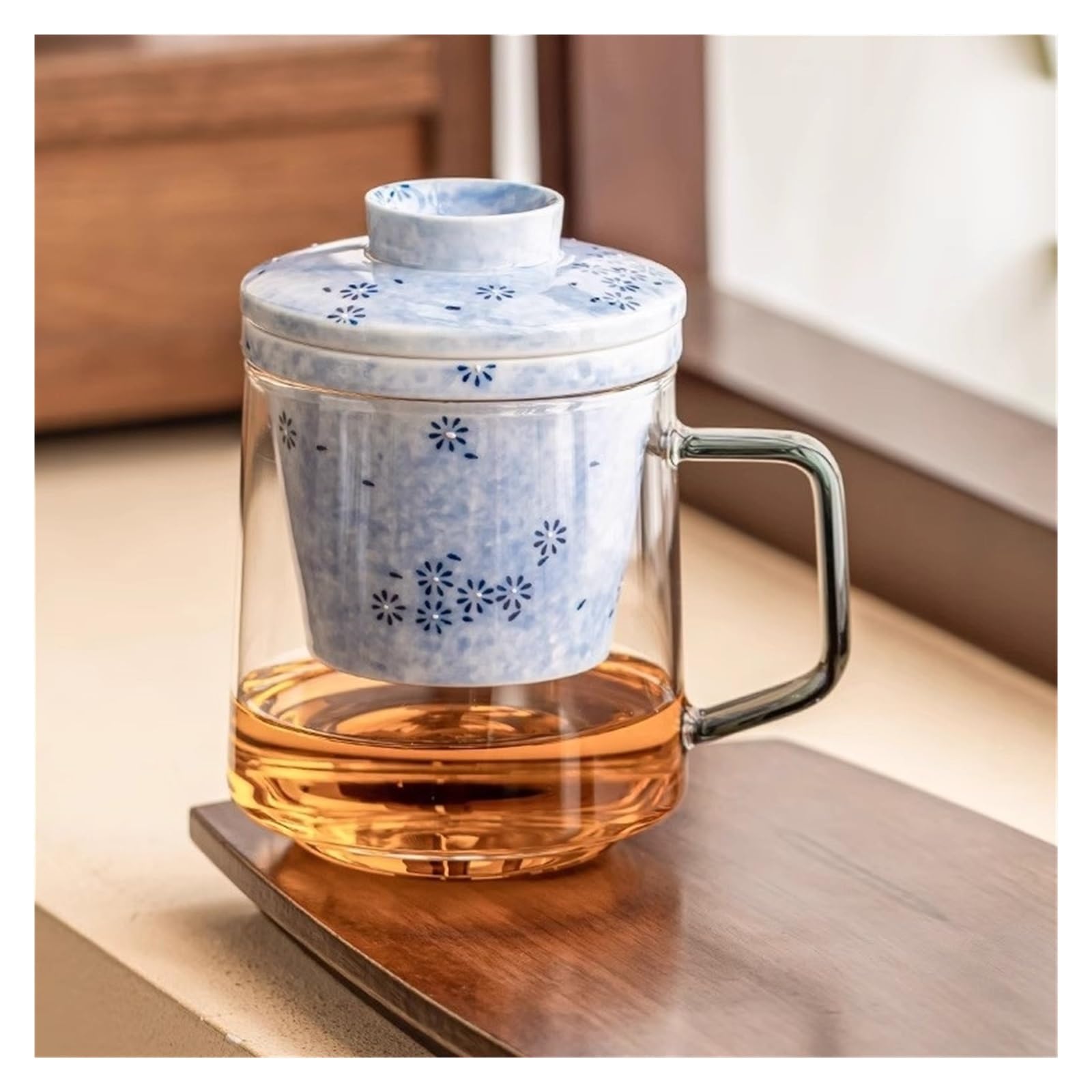 Tasses en verre Tasse à thé en verre avec infuseur et couvercle en céramique, 15,7 oz
