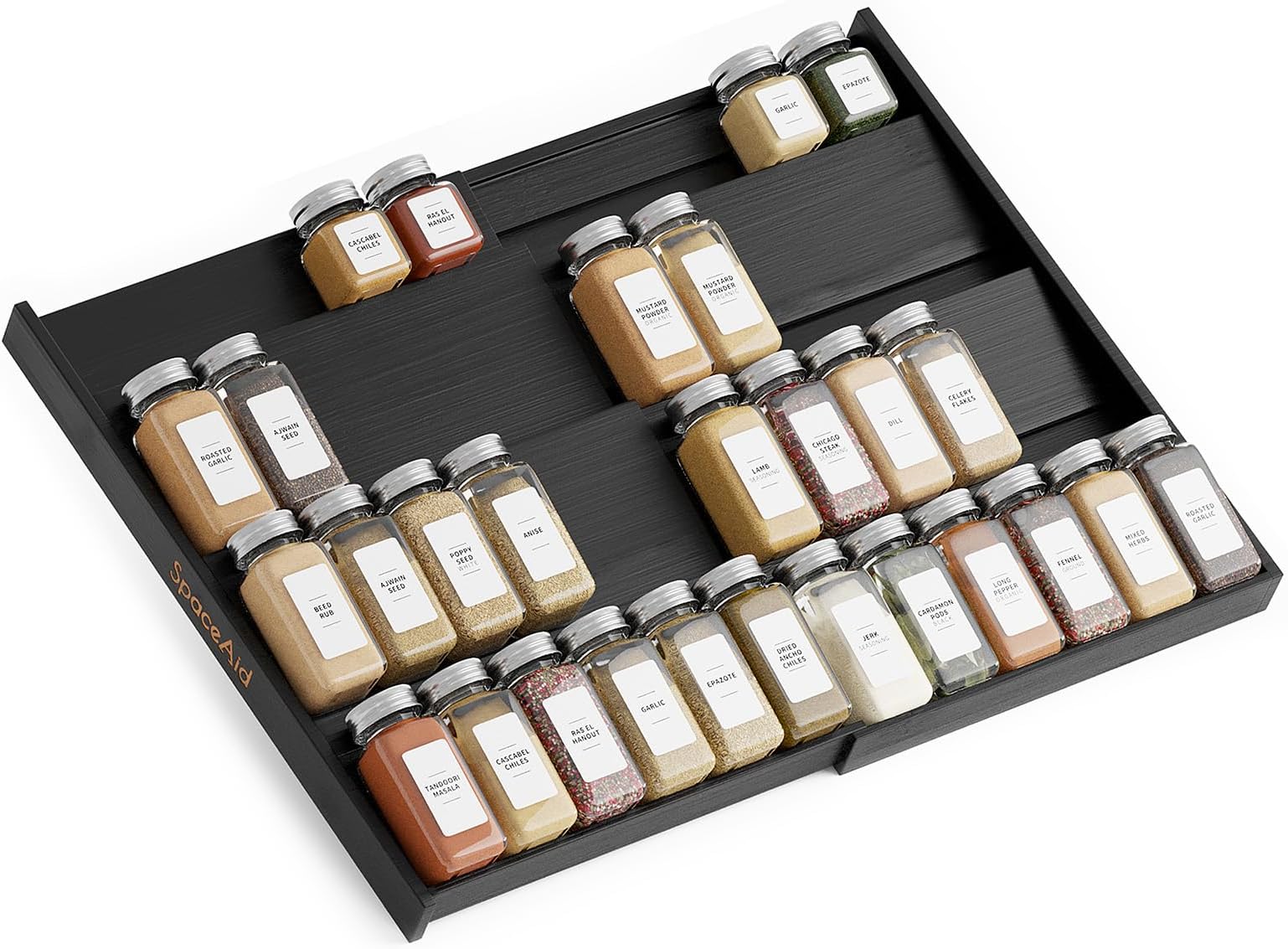 SpaceAid Bamboo Spice Drawer Organizer, Expandable 4 Tier Spices Rack for Cabinet Drawer, Kitchen Seasoning Storage Drawer Insert Organization (From 12" to 23" Wide, Black)