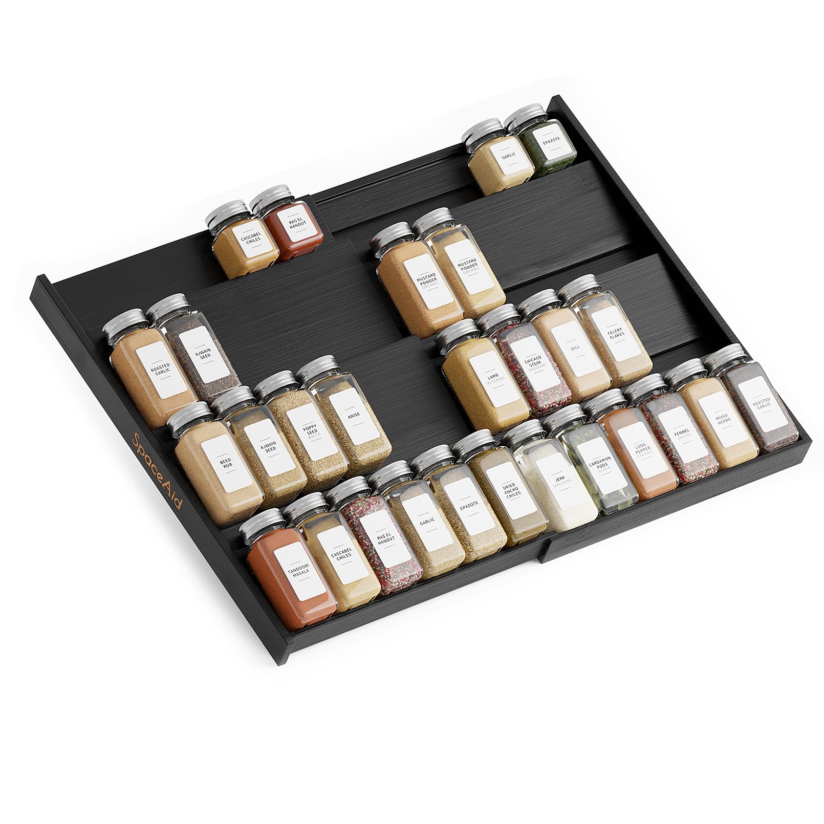 SpaceAid Bamboo Spice Drawer Organizer, Expandable 4 Tier Spices Rack for Cabinet Drawer, Kitchen Seasoning Storage Drawer Insert Organization (From 12" to 23" Wide, Black)