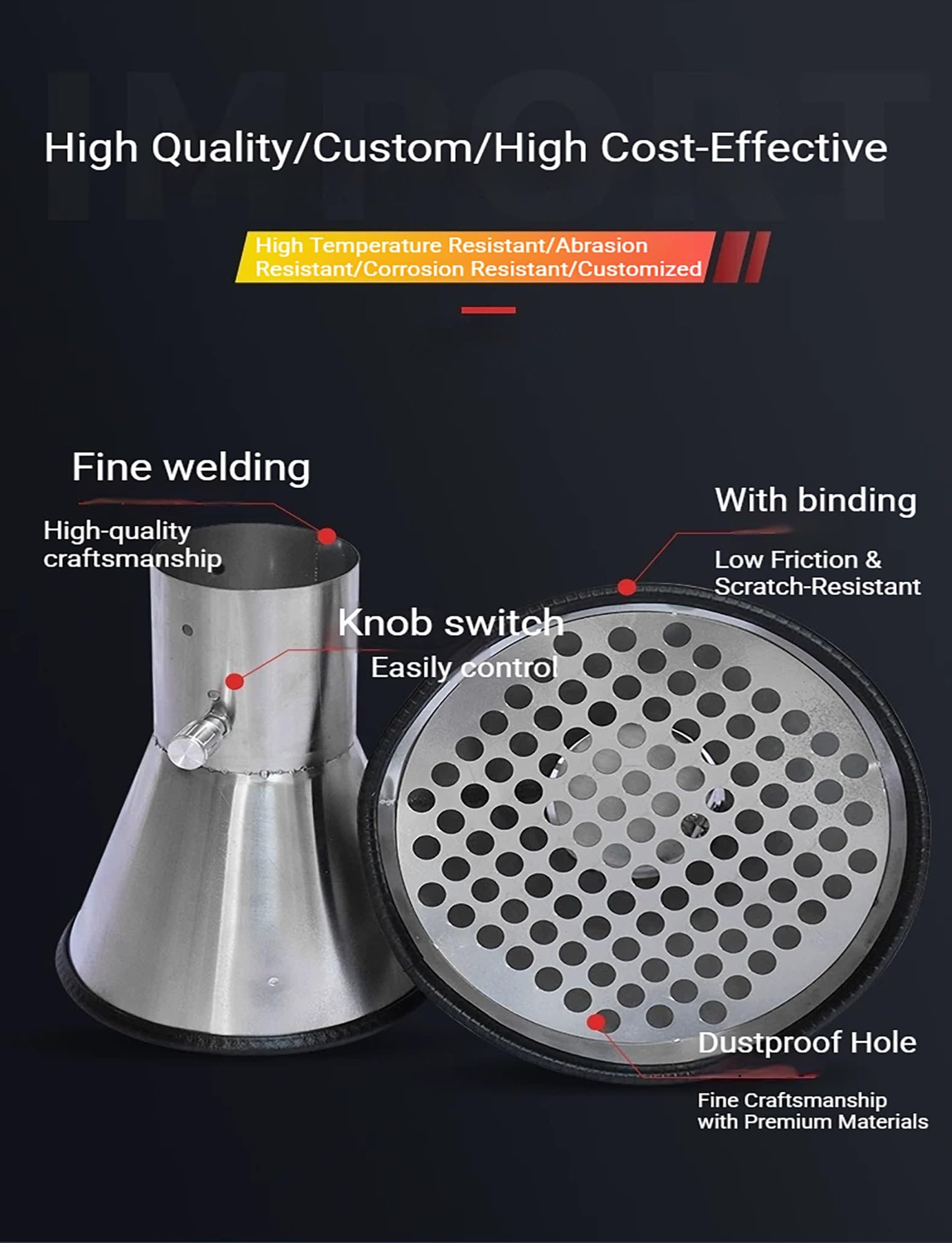 Campana de humo de acero inoxidable 304, tubo de escape redondo de soldadura con succión ajustable para colección industrial, 35 cm de diámetro, 14 cm de apertura