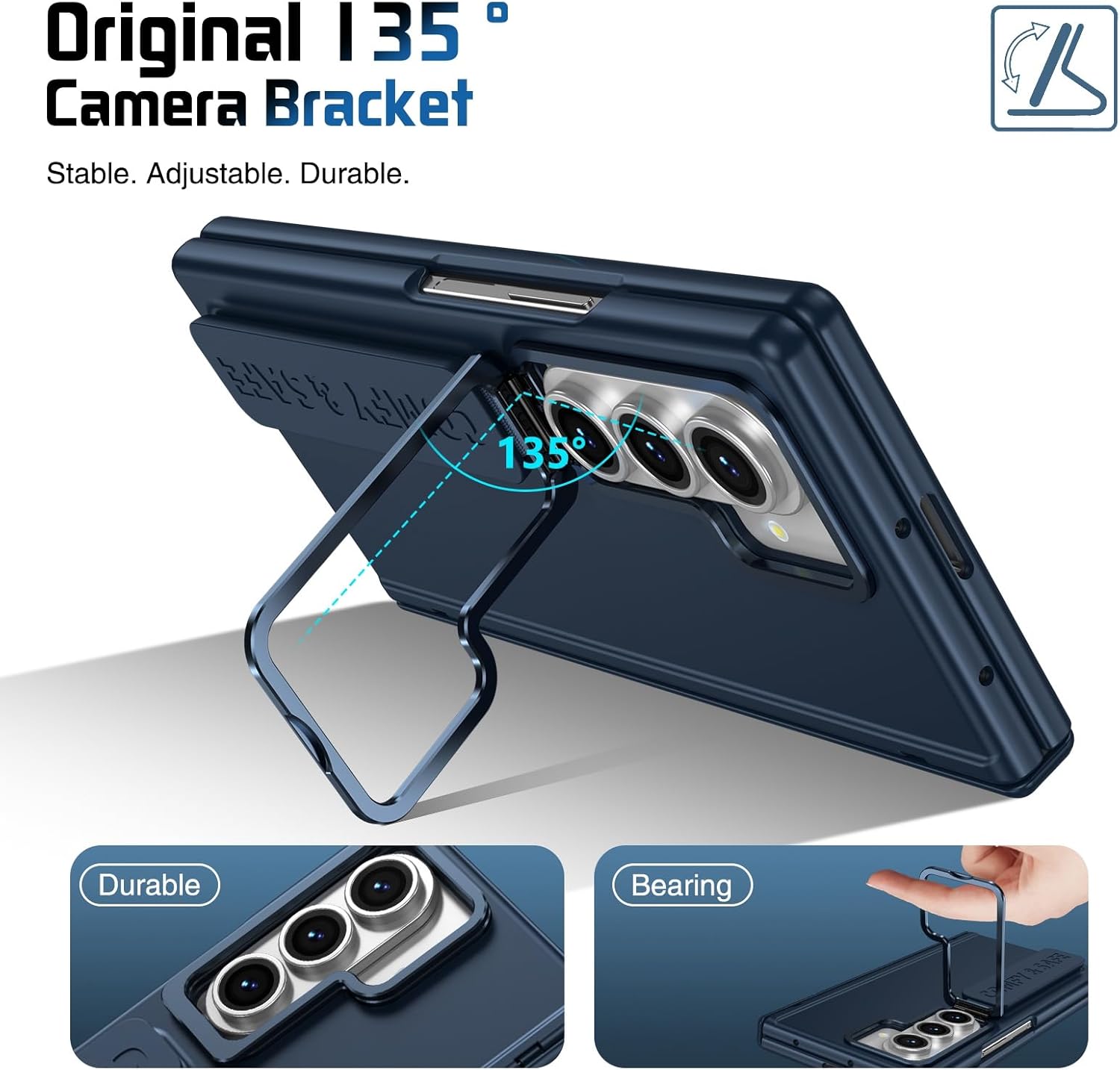 for Samsung Galaxy Z Fold 7 Hand Strap Case, Built-in Screen Protector & Hinge Protection & Camera Cover Kickstand, Military Grade Full Body Shockproof Protective, Blue
