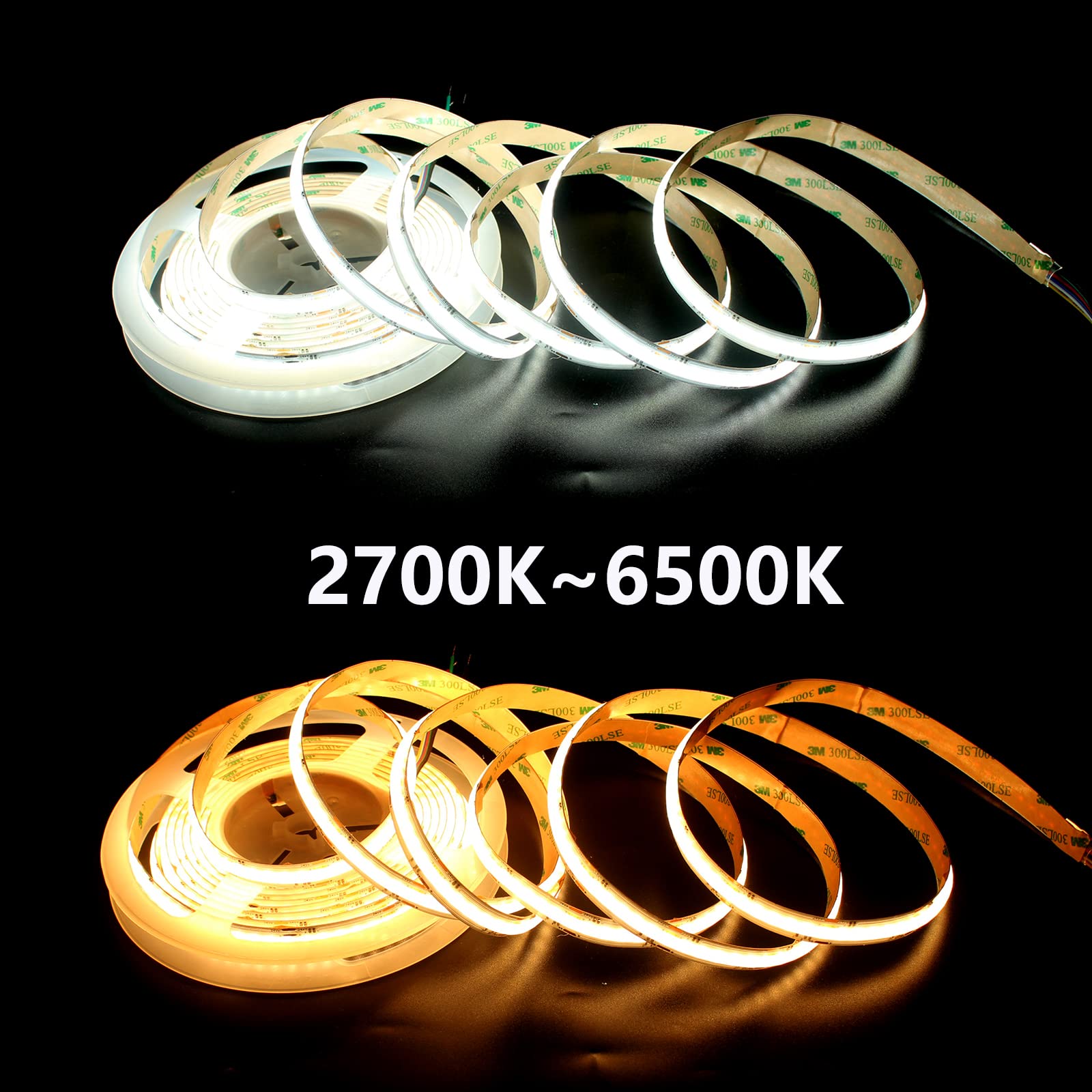 Bande LED COB RVB CCT,24V 5 in 1 RGB blanc chaud+blanc 840 LEDs/m COB LED,5m double blanc (2700~6500 K) 4200 LED haute luminosité flexible RGBW COB ruban pour fête,