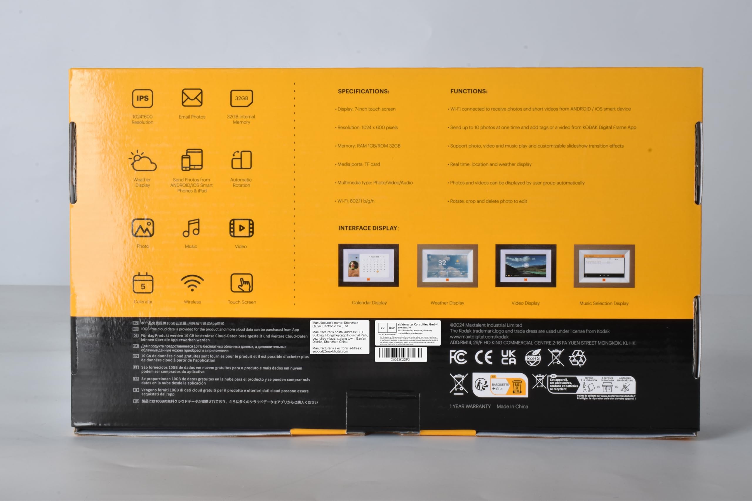 KODAK Cornice Digitale WiFi Cornice Foto Digitale, 7 Pollici HD IPS Touchscreen, Legno Cornici Elettronica con 32GB di Memoria, Portafoto Digitale Condivisione di Foto/Video via APP o Cavo di USB C