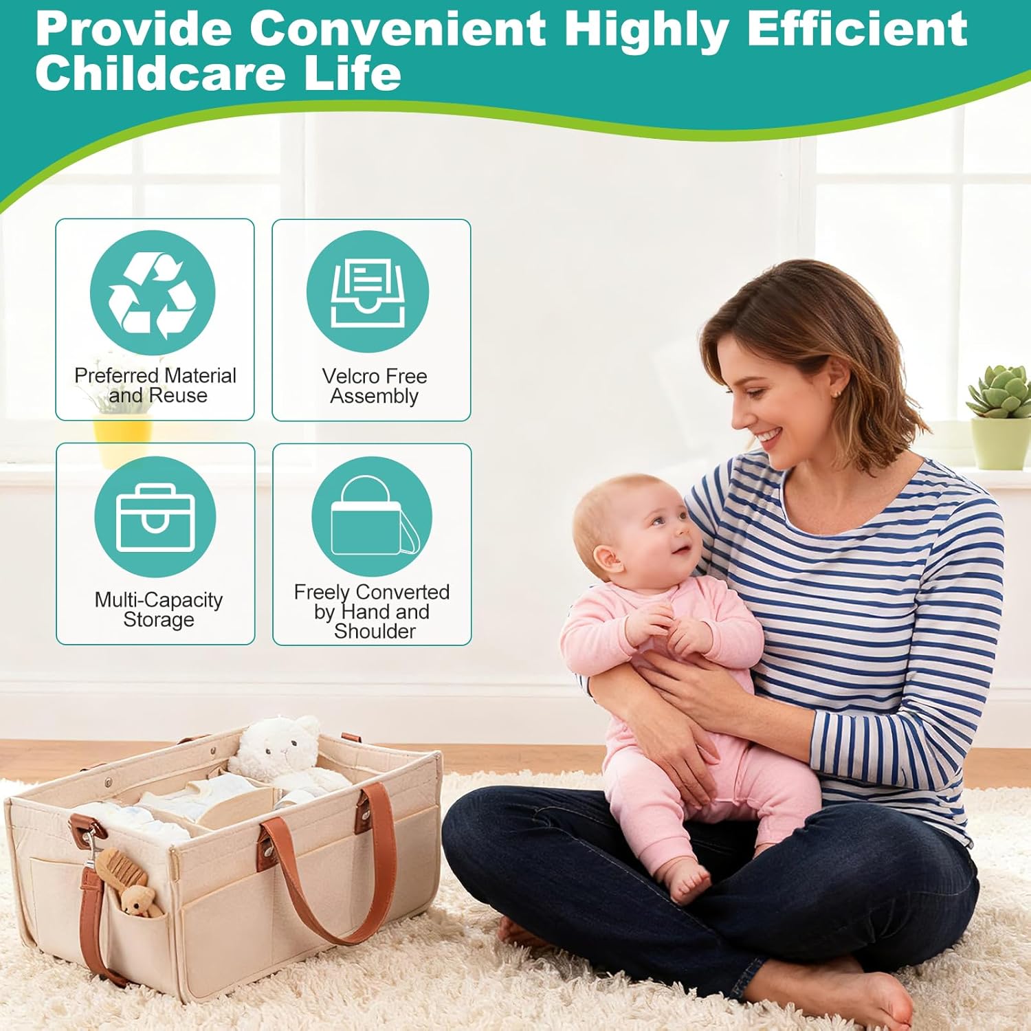 lefeke Diaper Caddy Bag,Car Organizer and Storage,Caddy Organizers with Handles and Straps, Baby Bottle Organizer for Nursery,Portable Baby Diaper Caddy (Oatmeal)
