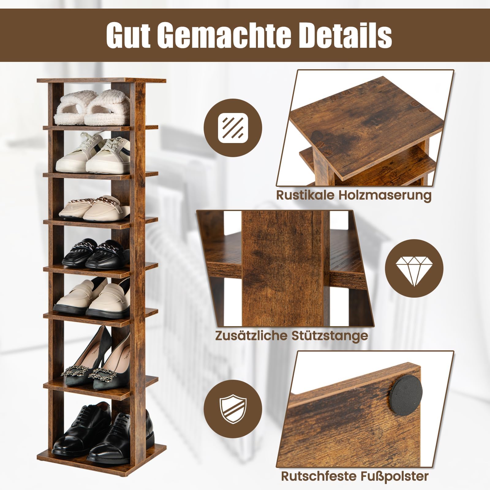 FANTASK 8 stufiges Schuhschrank, Schuhständer Schuh-Organizer aus Holz höhenverstellbar, Standregal, Schuhregal schmal vertikal, Freistehender Eckregal für Eingang & Flur (Braun)