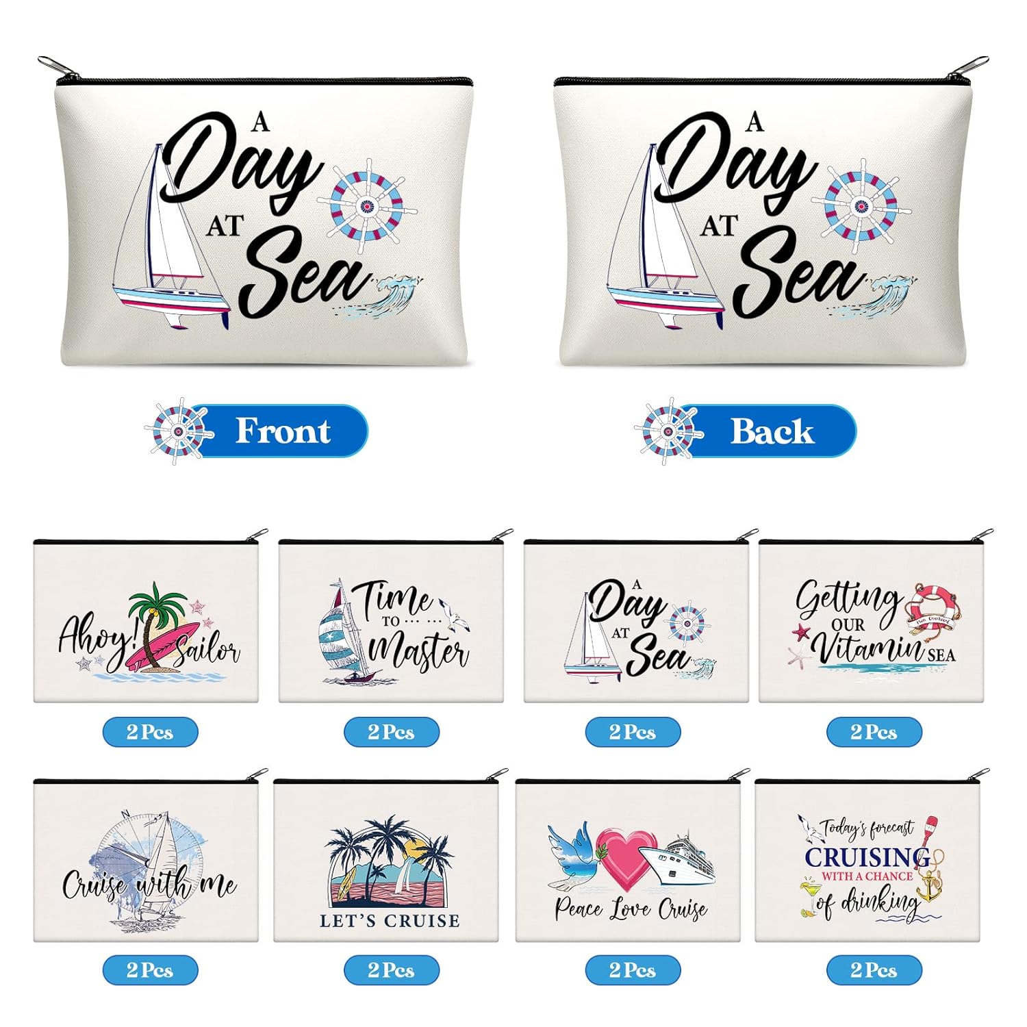 Silkfly 16 Pieces Cruise Survival Kit Novelty Cruise Cosmetic Bags Gift Travel Canvas Makeup Bag Zipper Organizer Pouch for Ocean Ship Lover Women Mom Vacation Friend Exchange Ideas(Canvas Base) - Image 4