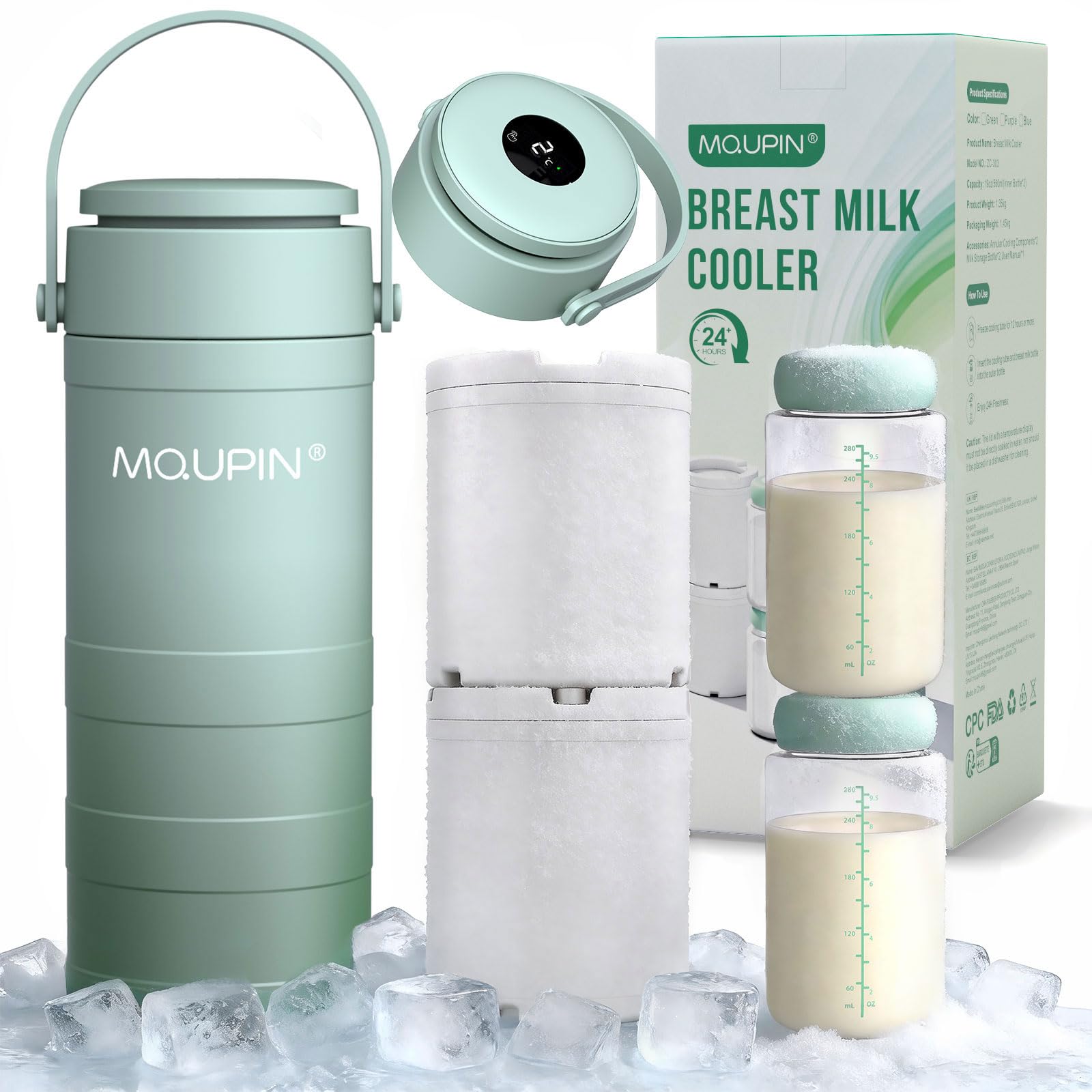 MQUPIN Tragbarer Muttermilchkühler mit Temperaturanzeige, 360°-Kühlung Für muttermilch aufbewahrung, Zwei Babyflaschen enthalten, Geeignet für Reisen und Büro, BPA-frei
