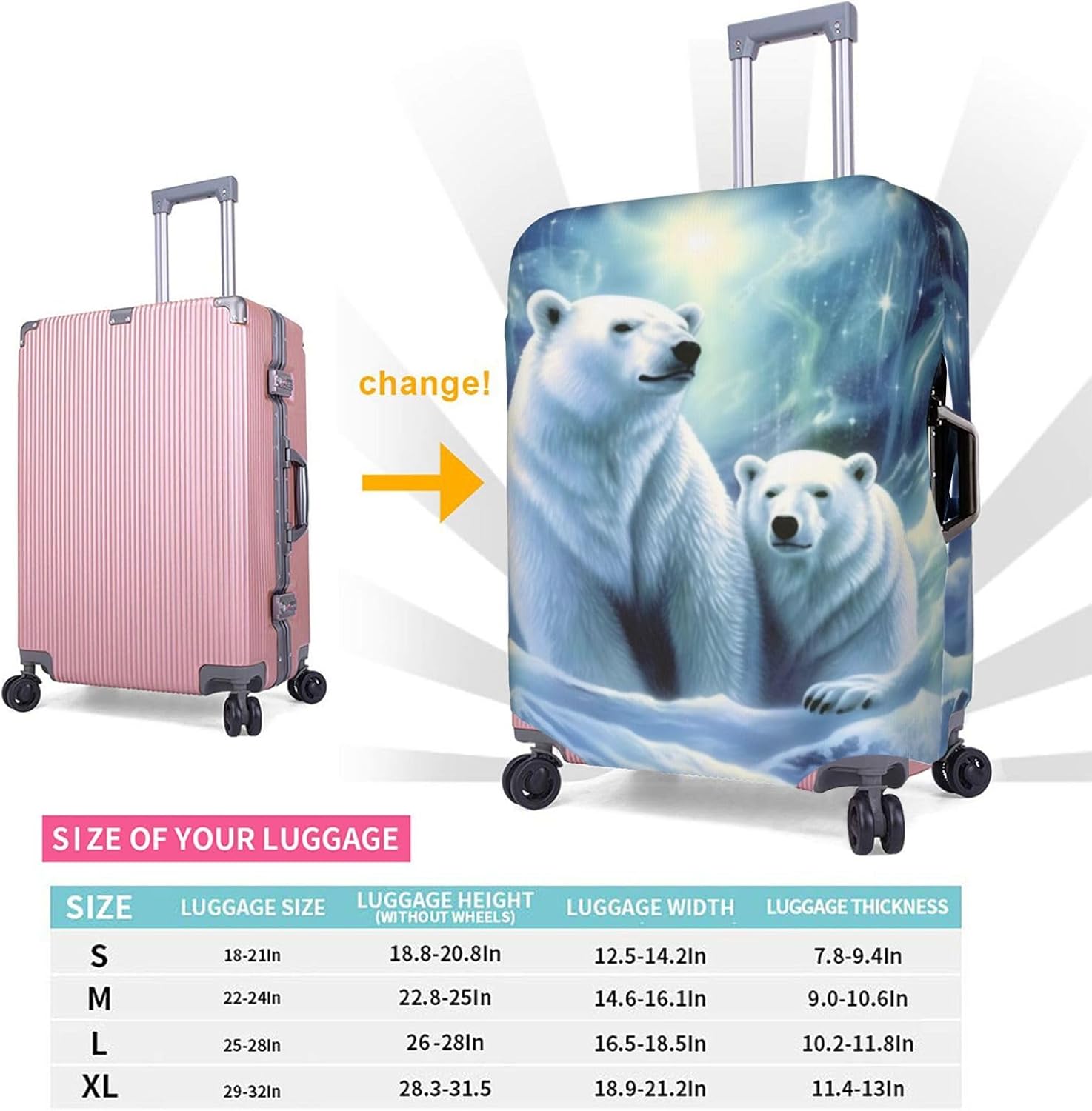 Suitcase Cover Cute Polar Bears Northern Lightstravel Luggage Cover Suitcase Protector Covers With Zip Washable For18in-32in Luggage, Small, 11437