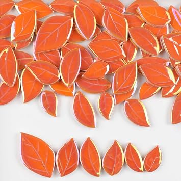 50-55pcs/200g Ceramic Mixed Color Mosaic Tiles Mosaic Glass Pieces for Home Decoration or DIY Crafts, Petal Leaves 2.2-4cm in Length Iridescent Orange