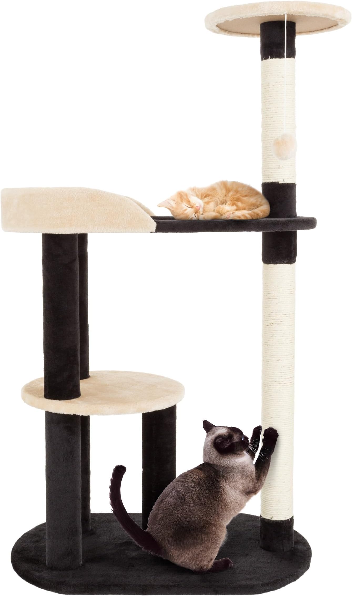 3-Tier Cat Tower - Indoor Feline Furniture with 2 Napping Perches, 2 Sisal Rope Scratching Posts, Peek Hole, and Fun Hanging Toy by PETMAKER (Black)