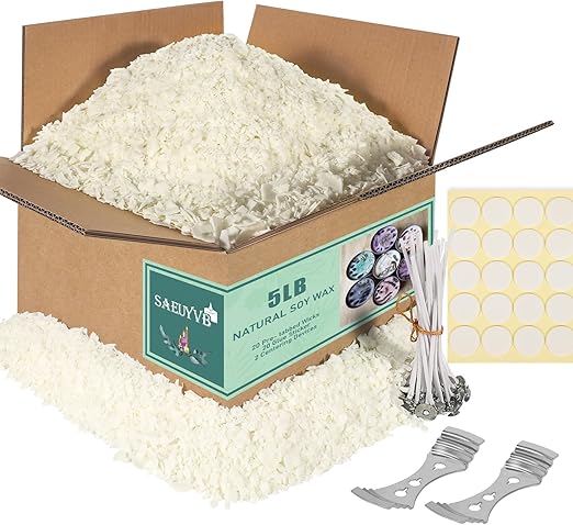 SAEUYVB Soy Candle Wax for Candle Making - Natural Soy Wax Flakes 5 lbs Bag, 20 Cotton Candle Wicks, 20 Wick Stickers & 2 Centering Devices
