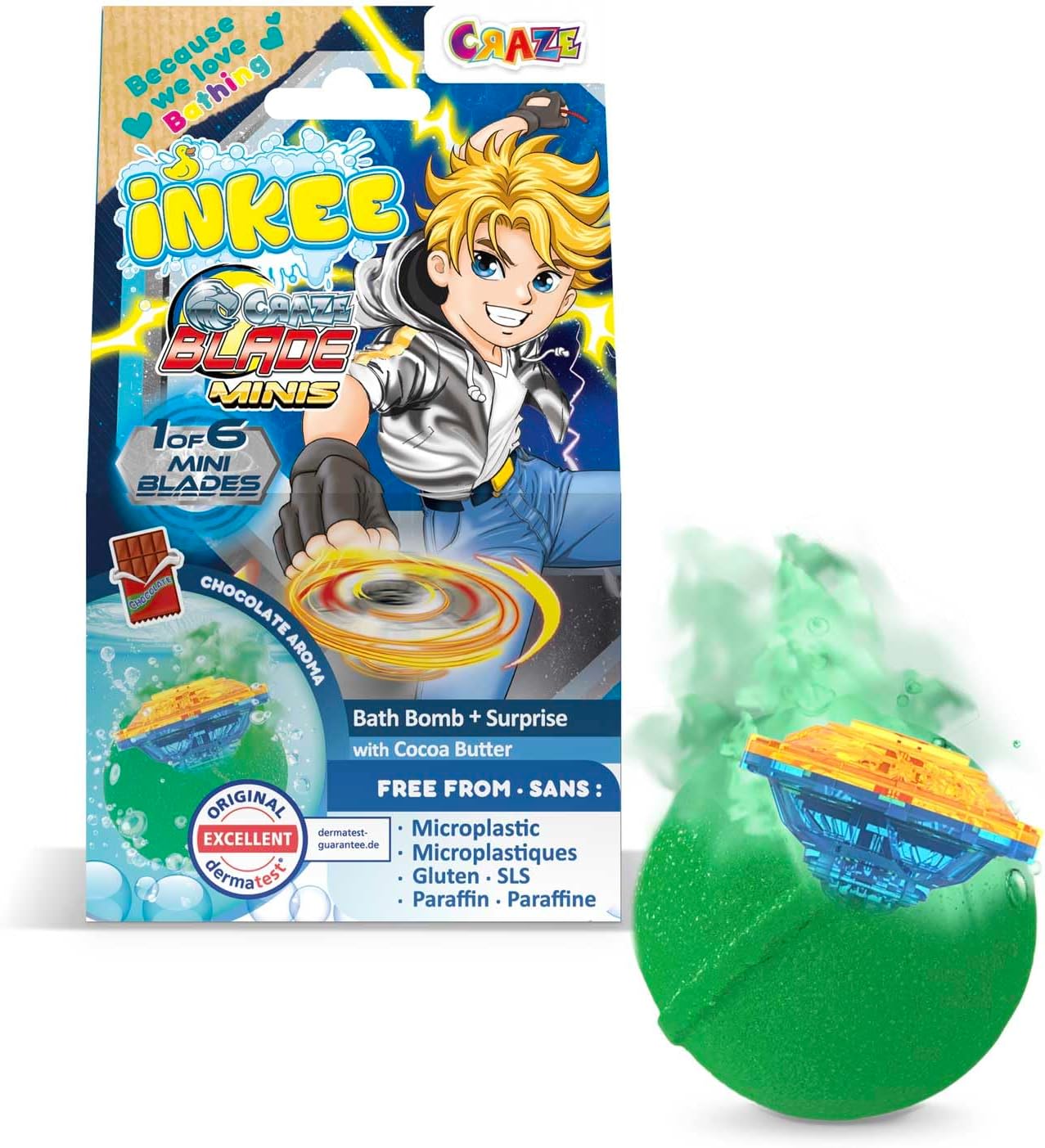 Surprise Bath Bomb Blade - Bath Bombs for Kids with Spinning top Inside, Collectible Mini Spinner, Chocolate Aroma, Red or Green, 100 g Single Pack - Toy for 3 Year Old Plus