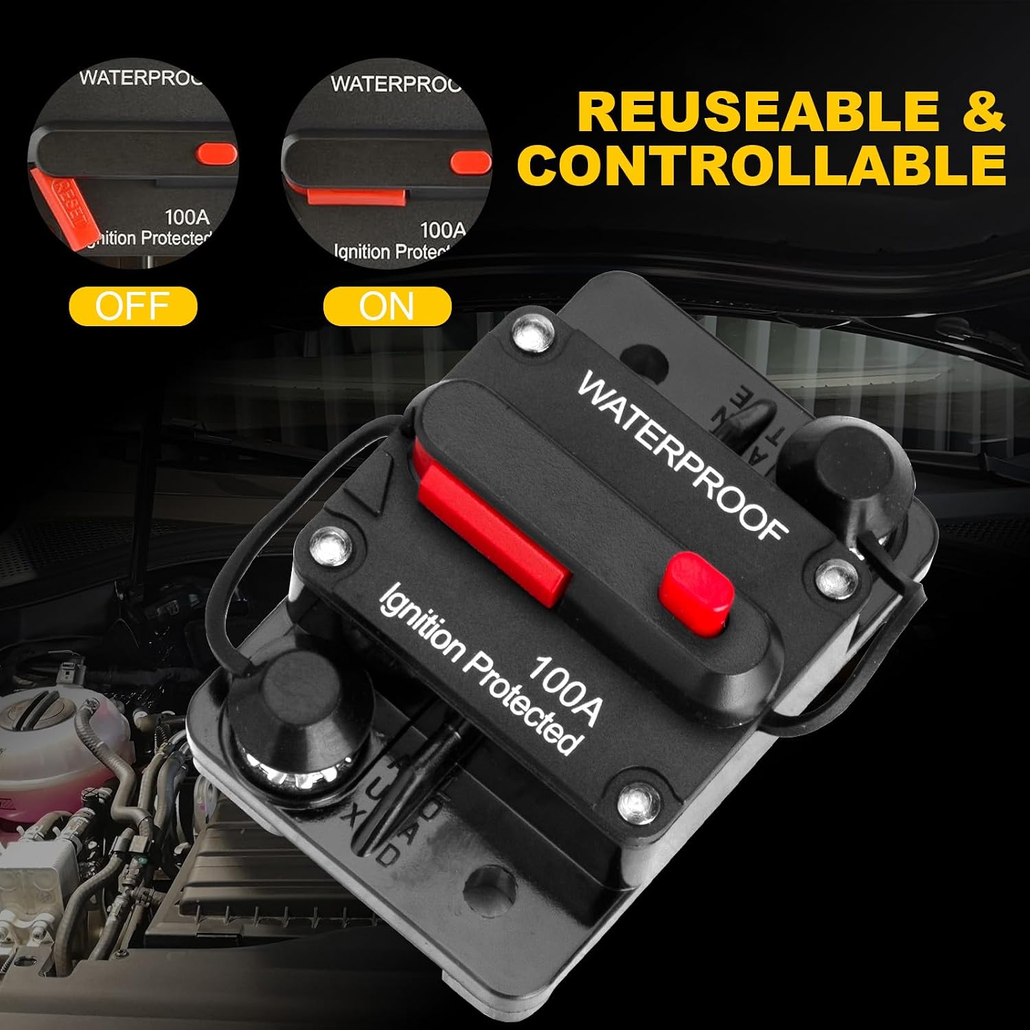 100Amp Circuit Breaker DC 12V-48V with Wire Lugs Copper Washer Waterproof Inline Fuse Holder Inverter with Manual Reset Waterproof for Car Truck Bus RV Boat Marine Vehicle