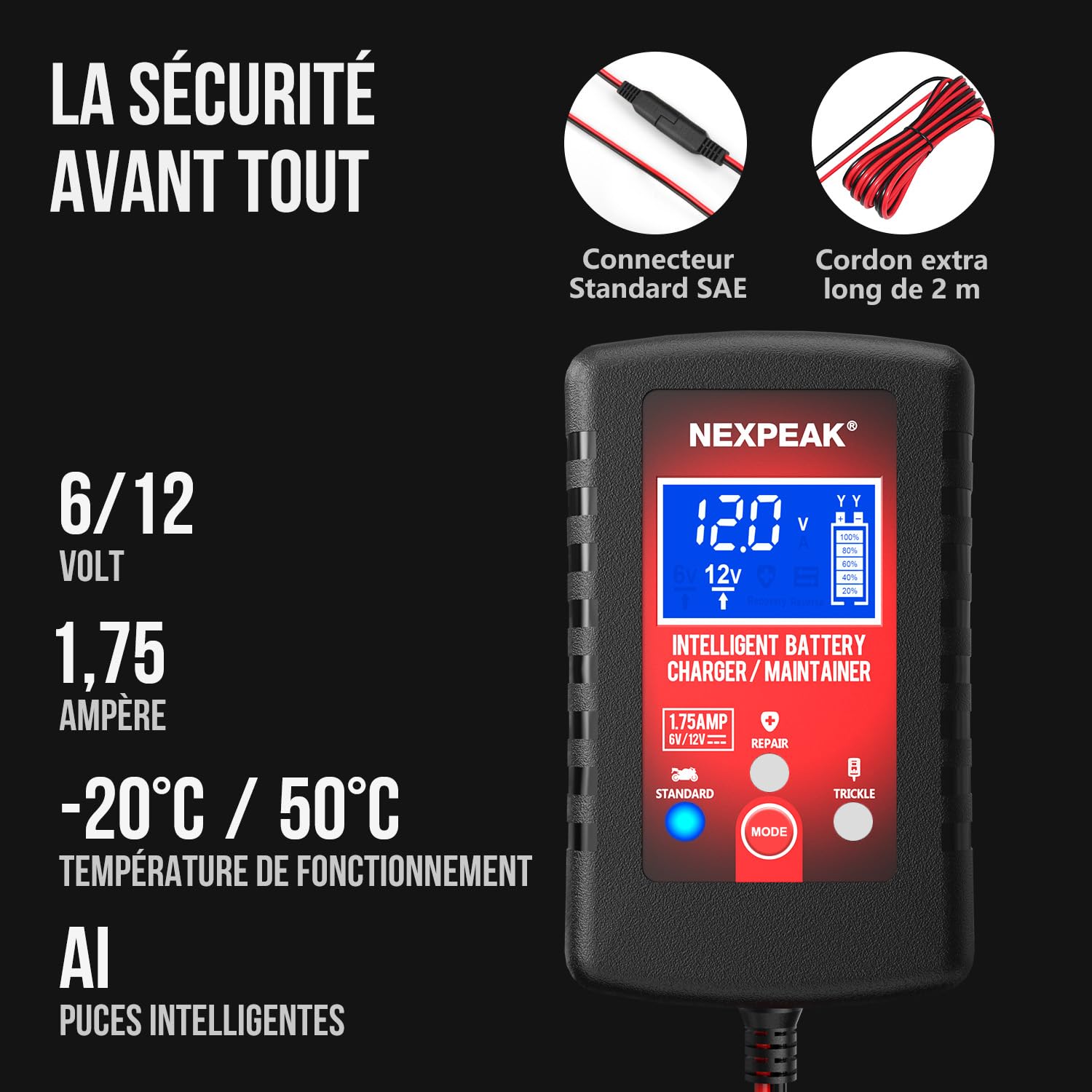 Chargeur de Batterie de Voiture 1,75 A, 6 V et 12 V, Chargeur de Batterie Intelligent entièrement Automatique, Chargeur d'entretien, désulfateur de Batterie pour Voiture, Tondeuse à Gazon, Moto