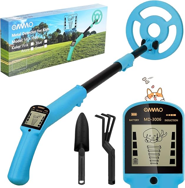OMMO Metal Detector Kids, Adjustable Stem18.3''-37.8'' Metal Detector with LCD Display, Lightweight Kids Metal Detector with 6'' Waterproof Search Coil, Beginners Metal Detector with Shovel and Rake