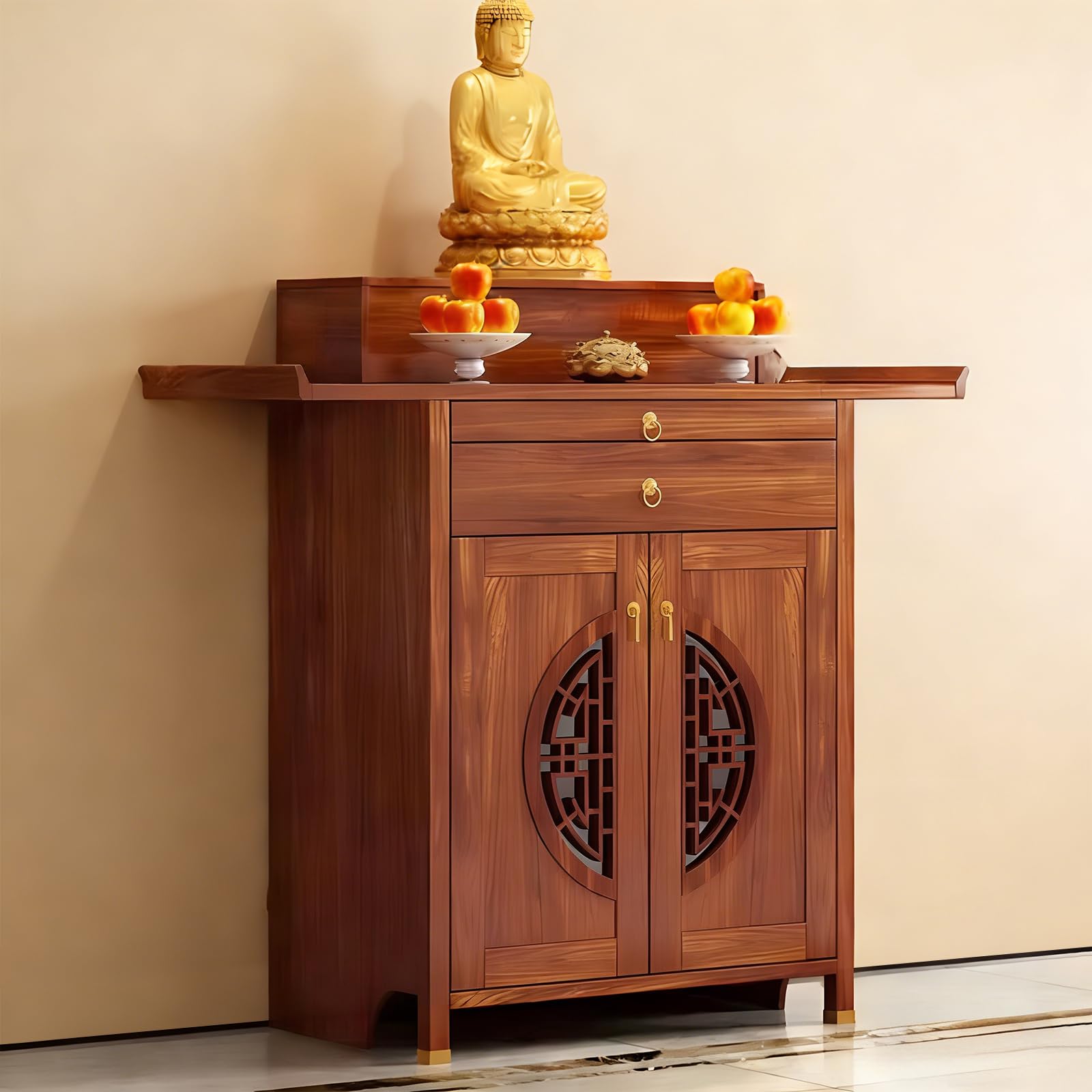 VinLeap Wooden Buddhist Altar Cabinet, 3-Tier Altar Table with Storage Drawer, Elegant Zen Style Entryway Console Table for Prayer, Meditation, Home