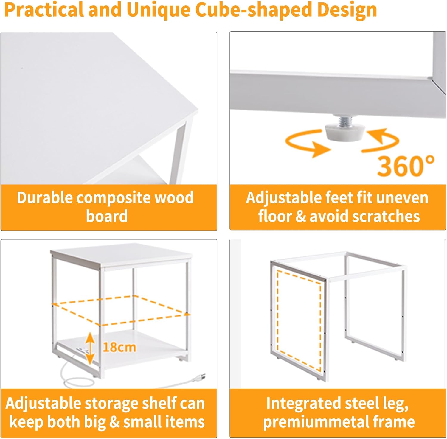 Living Room Large Side Table, End Table with Charging Station, Refrigerator Stand Printer Table with Adjustable Shelves, Office Square Coffee Table with USB Ports White YD-TM153WD