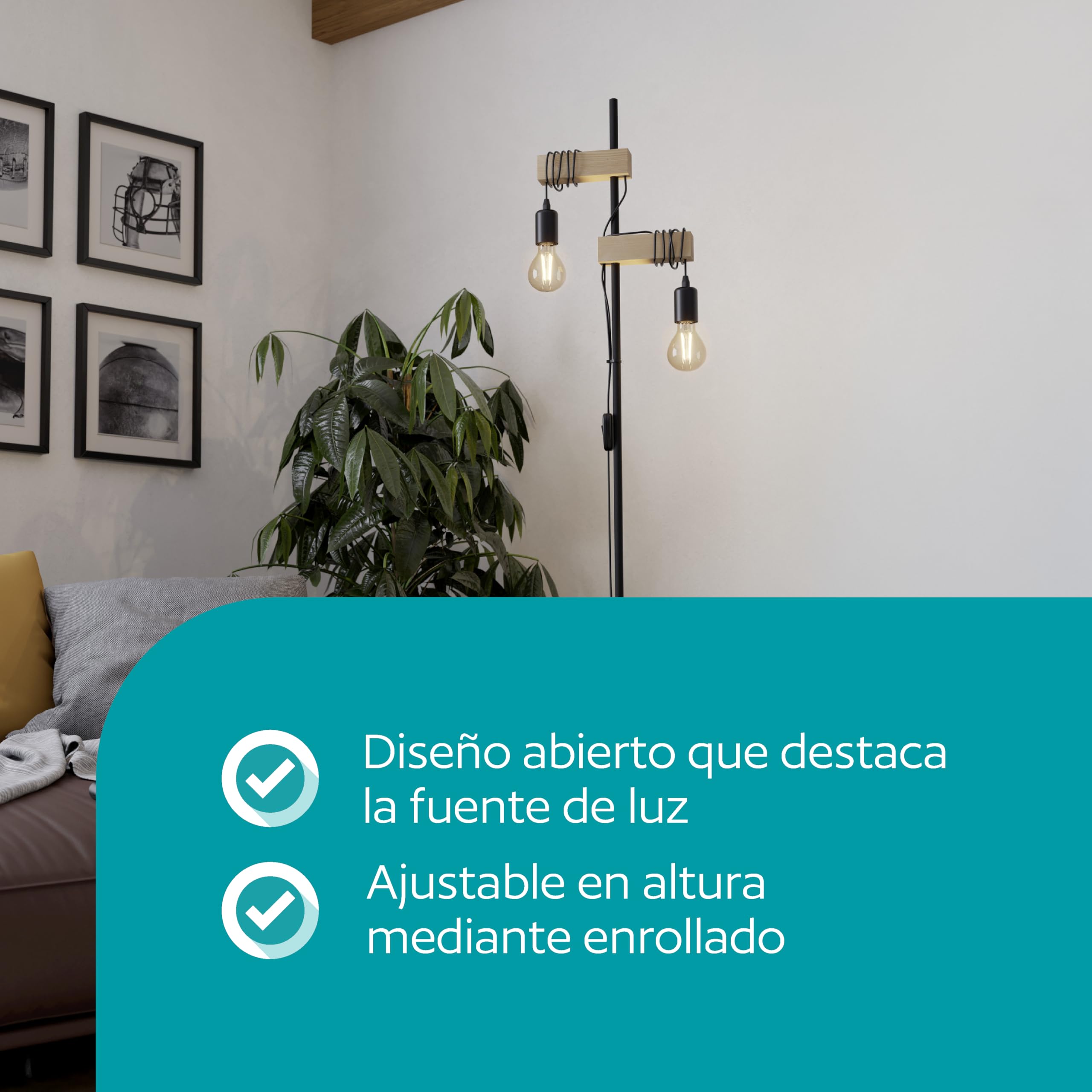 EGLO Lámpara de pie Townshend, lámpara de pie Vintage con 2 Bombillas | de estilo industrial, acero y madera, negro, marrón, casquillo E27, incl interruptor, certificado FSC