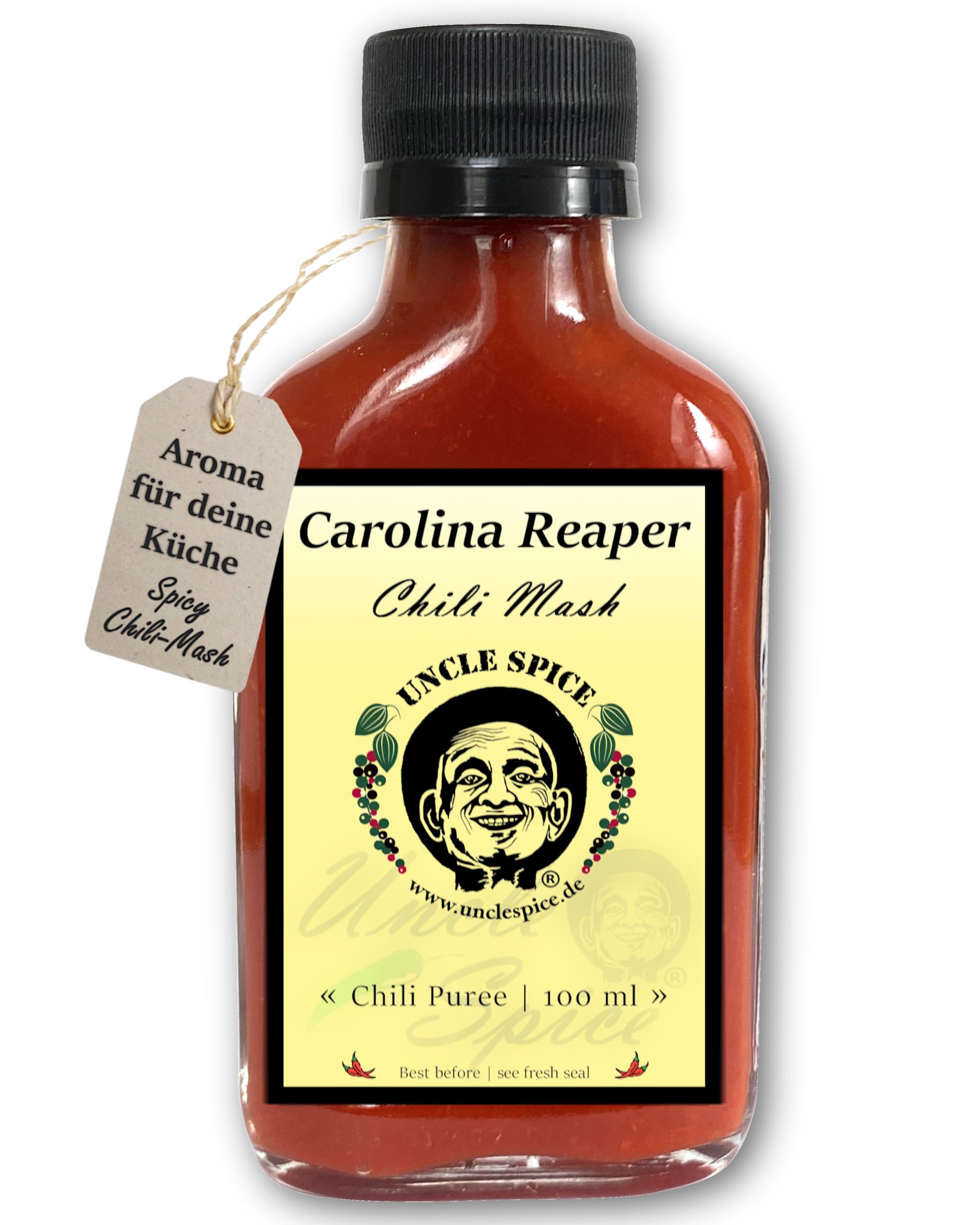 UNCLE SPICE® Carolina Reaper Chili Mash, 100ml Chili-Konzentrat im Glas, 82% schärfste Chilischote der Welt als fermentiertes Püree, Gewürzsauce zum Mischen - EXTREM SCHARF